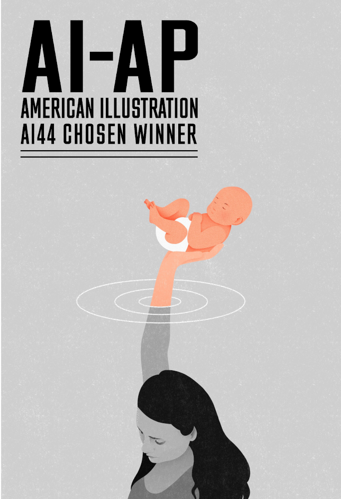 Illustration for PPD in motherhood. A grey mother holds her healthy baby out of the water, while she is submerged.